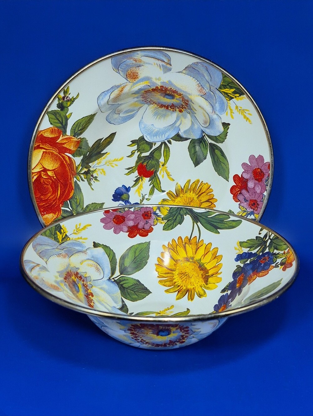 MacKenzie-Childs White Flower Market Enamel Bowls - Set of 2